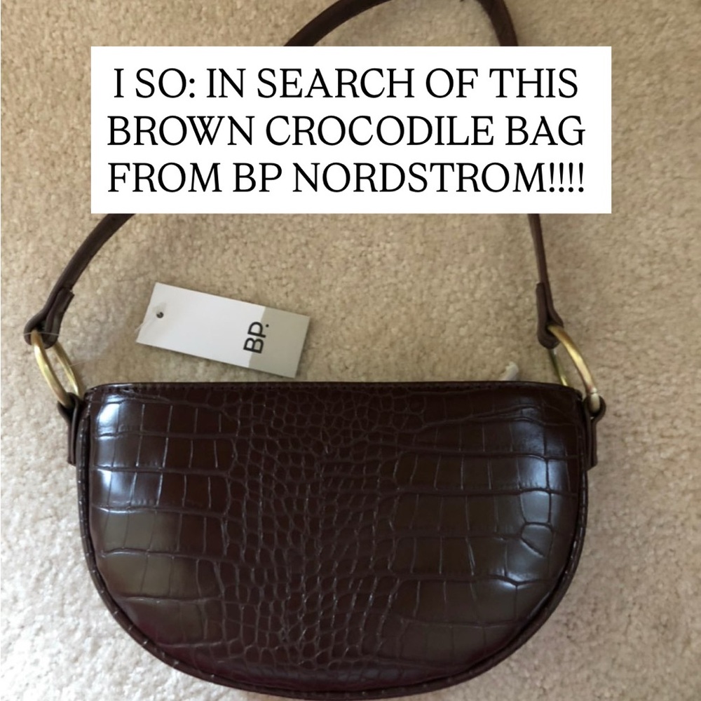 BP Brown Croc-Embossed Half-Moon Shoulder Bag with Gold Hardware